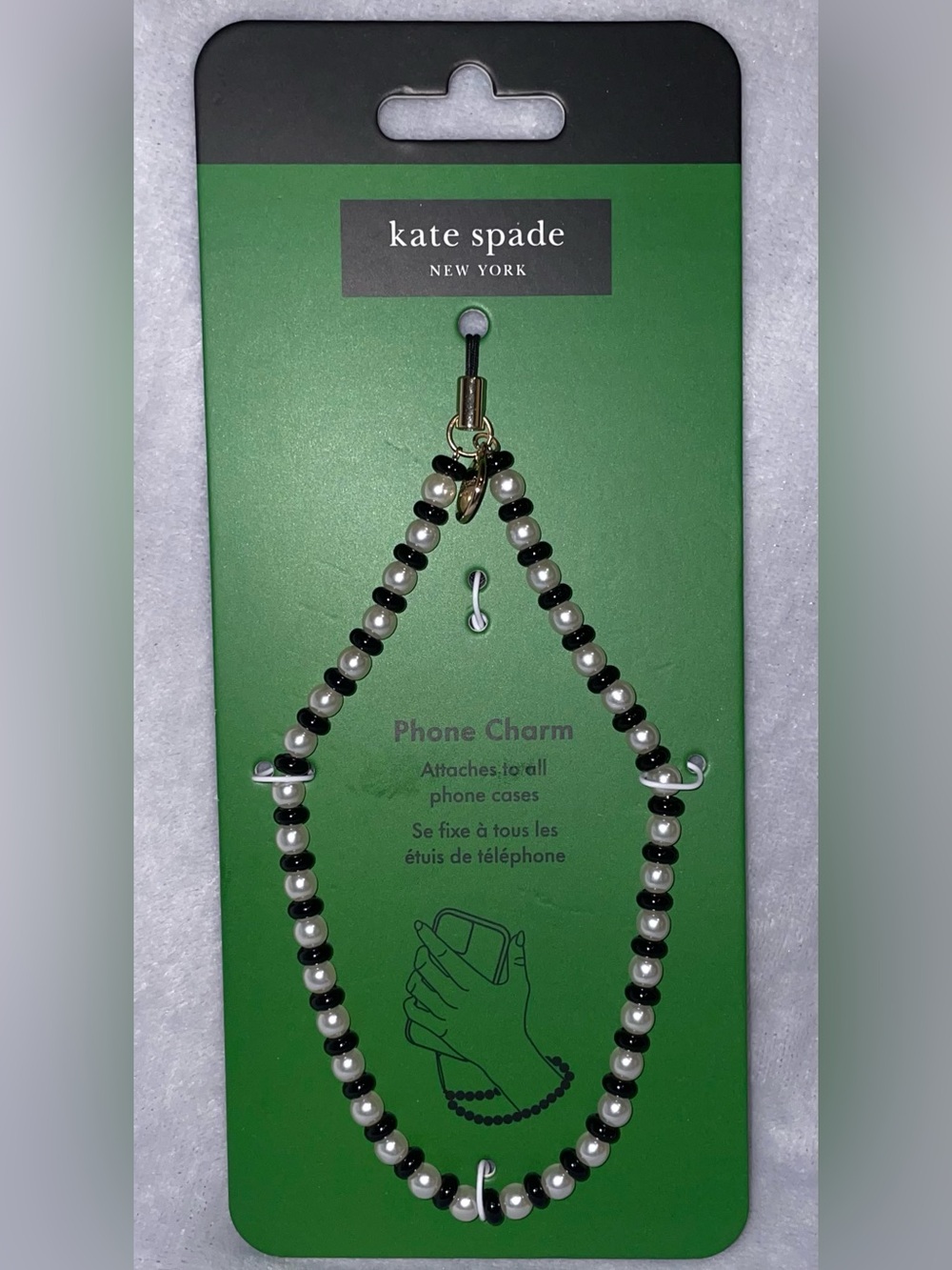 Kate Spade New York NWT Phone Charm Wristlet Strap Pearl & Black Beads (B) - Picture 2 of 3